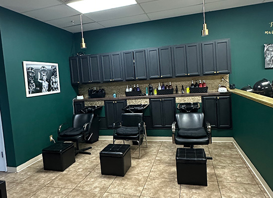 full view of interior and hair stylist stations